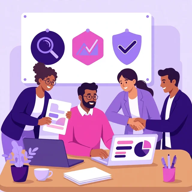 Rank Rays team following their honest audit-first working approach, specialists collaborating transparently with a client, flat-vector illustration for the Rank Rays about page