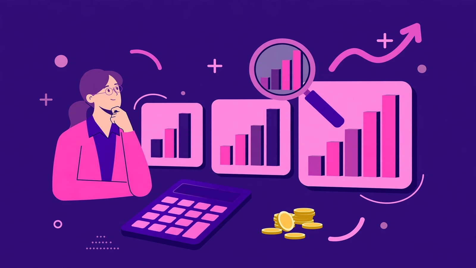 Illustration of a woman comparing SEO pricing charts with a calculator and coins