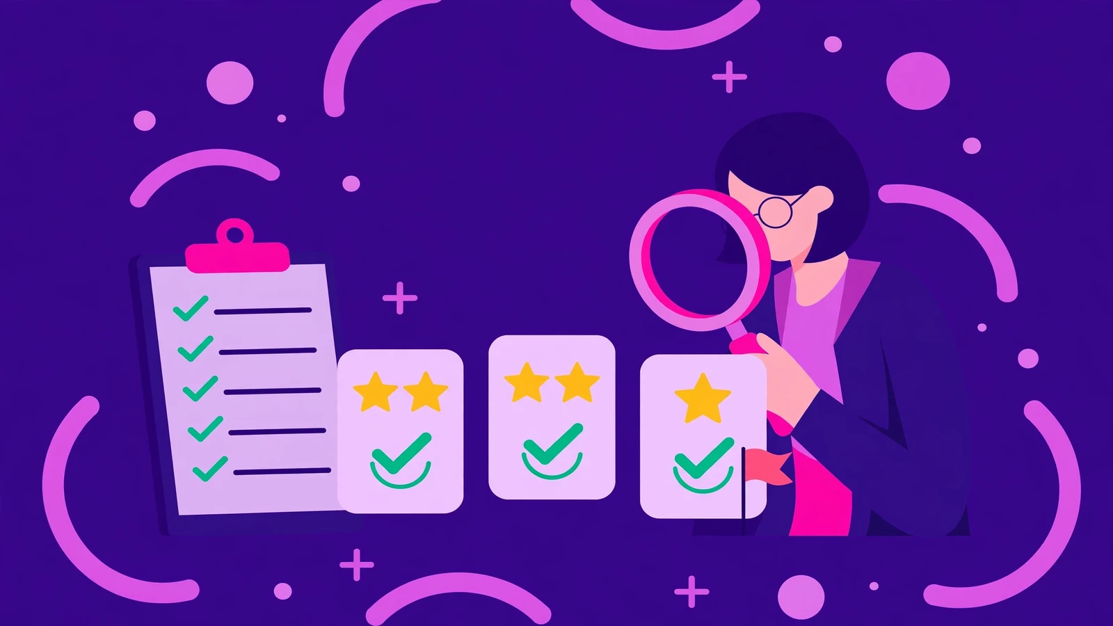 Illustration of a woman with a magnifying glass reviewing an SEO agency checklist and star rating cards