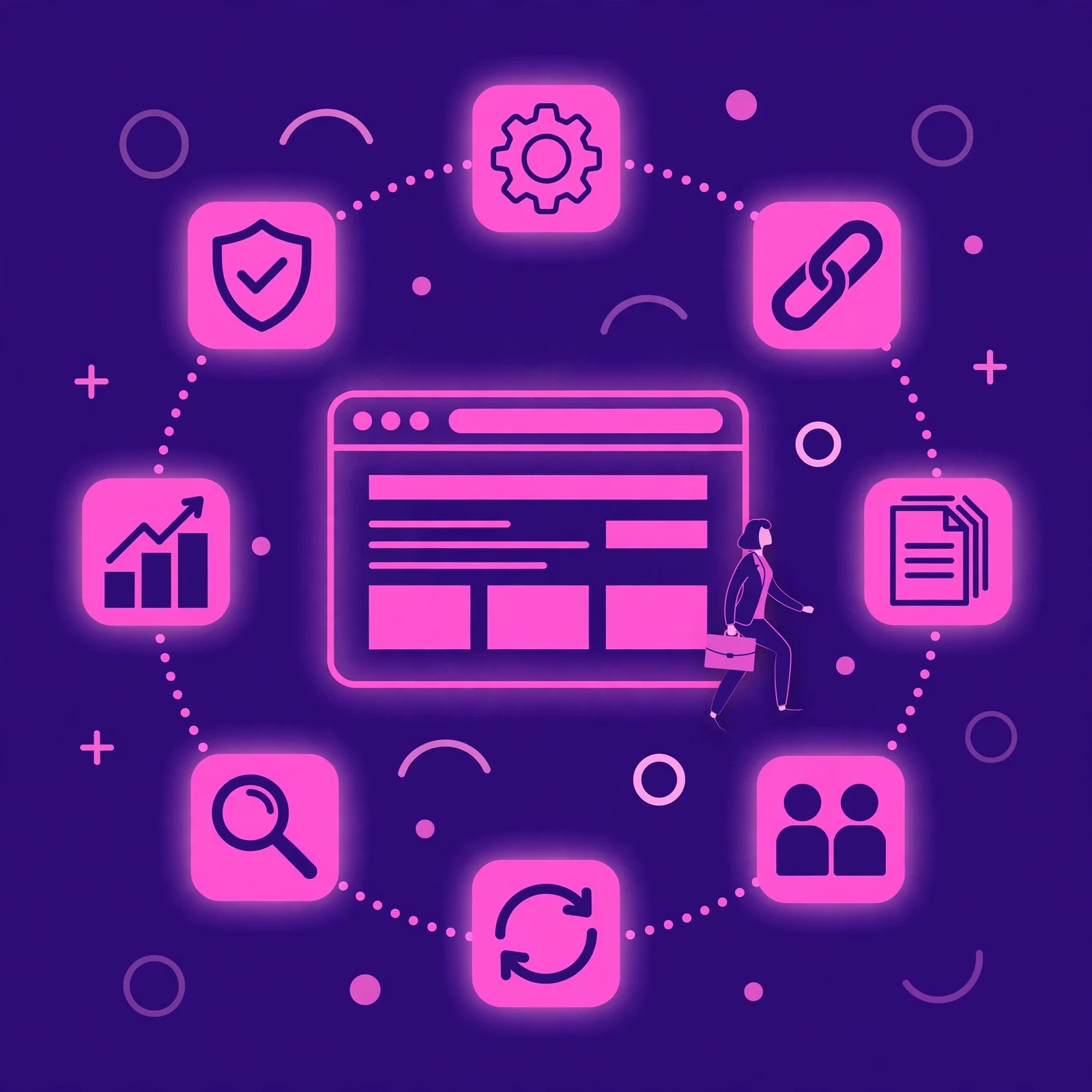 Illustration of the 8 factors that decide an SEO results timeline, including site authority, competition, technical health, content, and links.