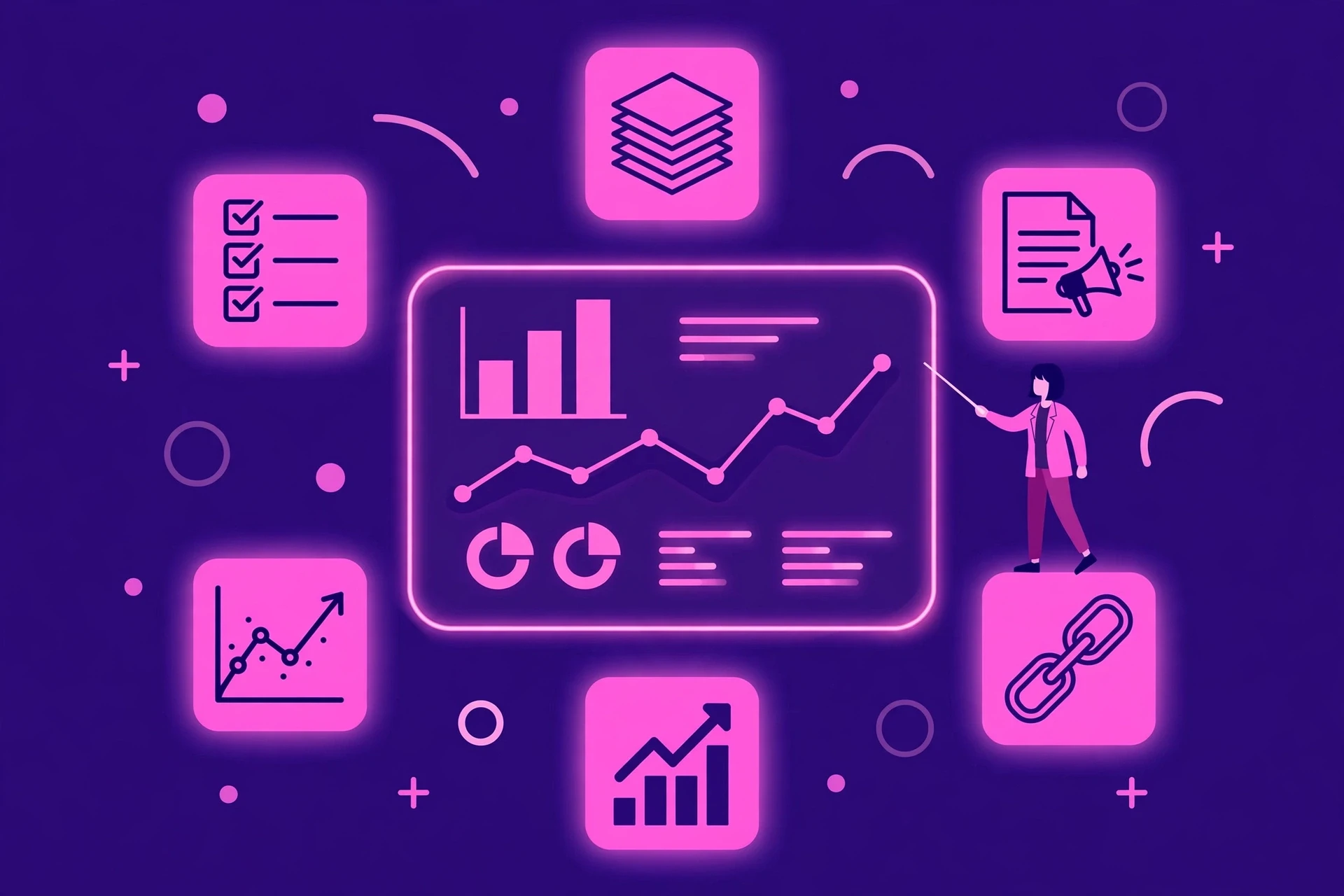 Illustration of a dashboard showing the 6 leading indicators of an SEO campaign on track, from technical fixes shipped to trending traffic.