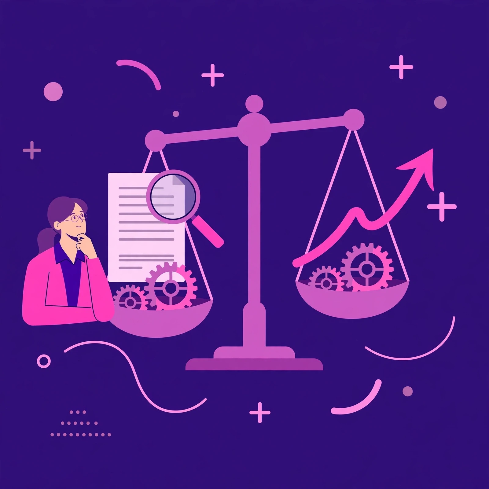 Flat-vector illustration in purple and pink of a balance scale with gears, a magnifying glass, and a rising arrow, symbolizing the factors that drive SEO pricing up or down.