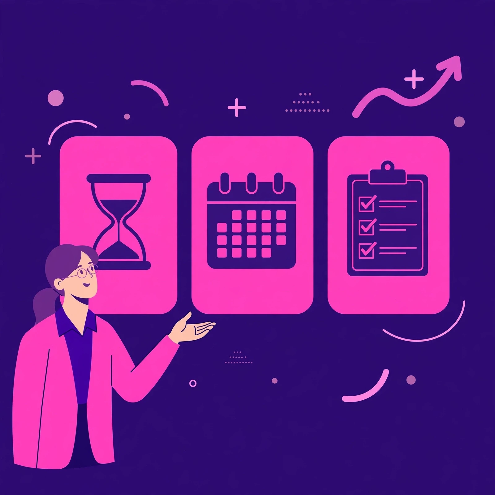 Flat-vector illustration in purple and pink of three pricing model panels with an hourglass, a calendar, and a checklist icon, representing hourly, monthly retainer, and project-based SEO pricing.