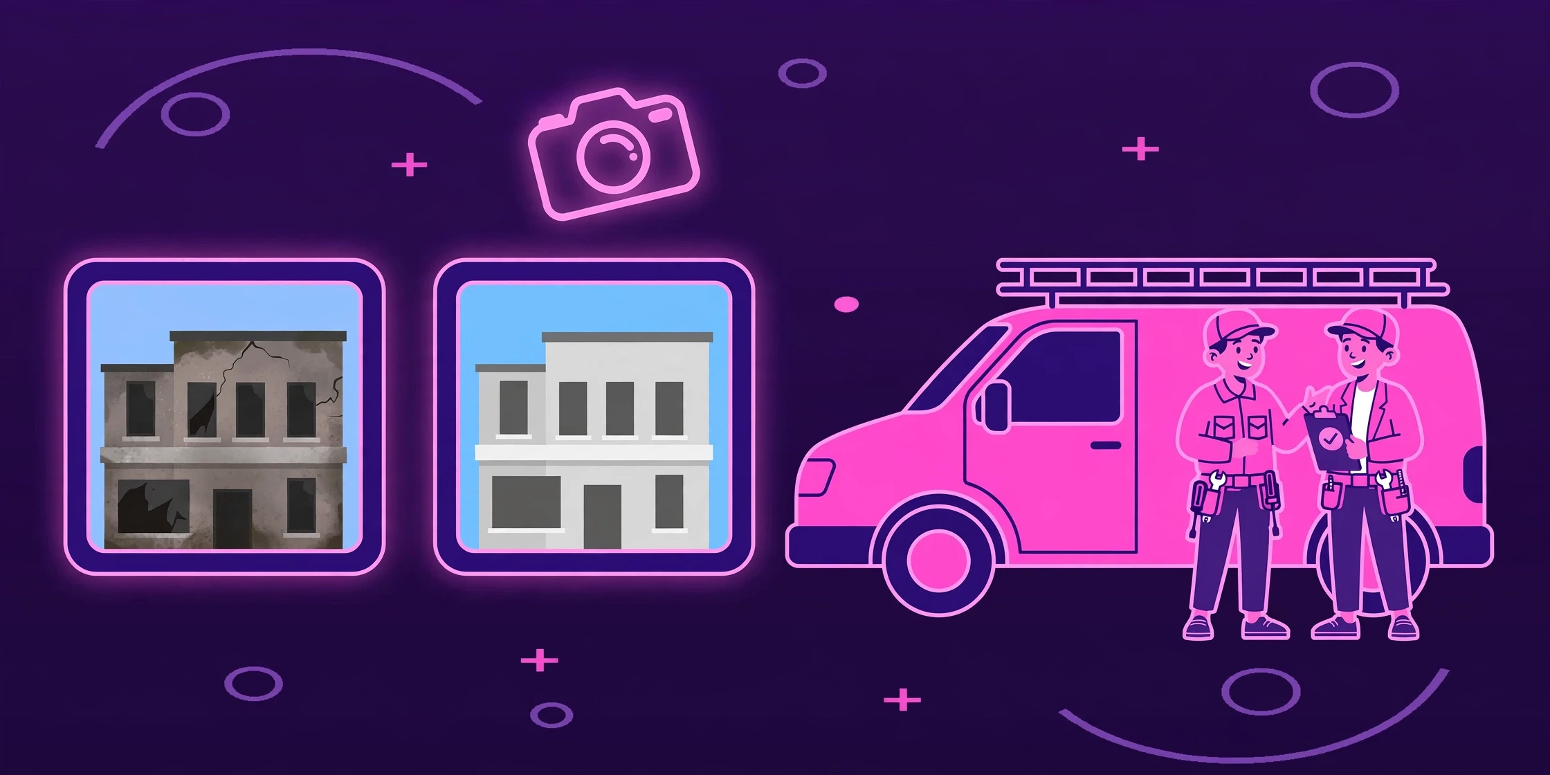 Illustration of a service business profile showing real team, vehicle, and before-and-after job photos.