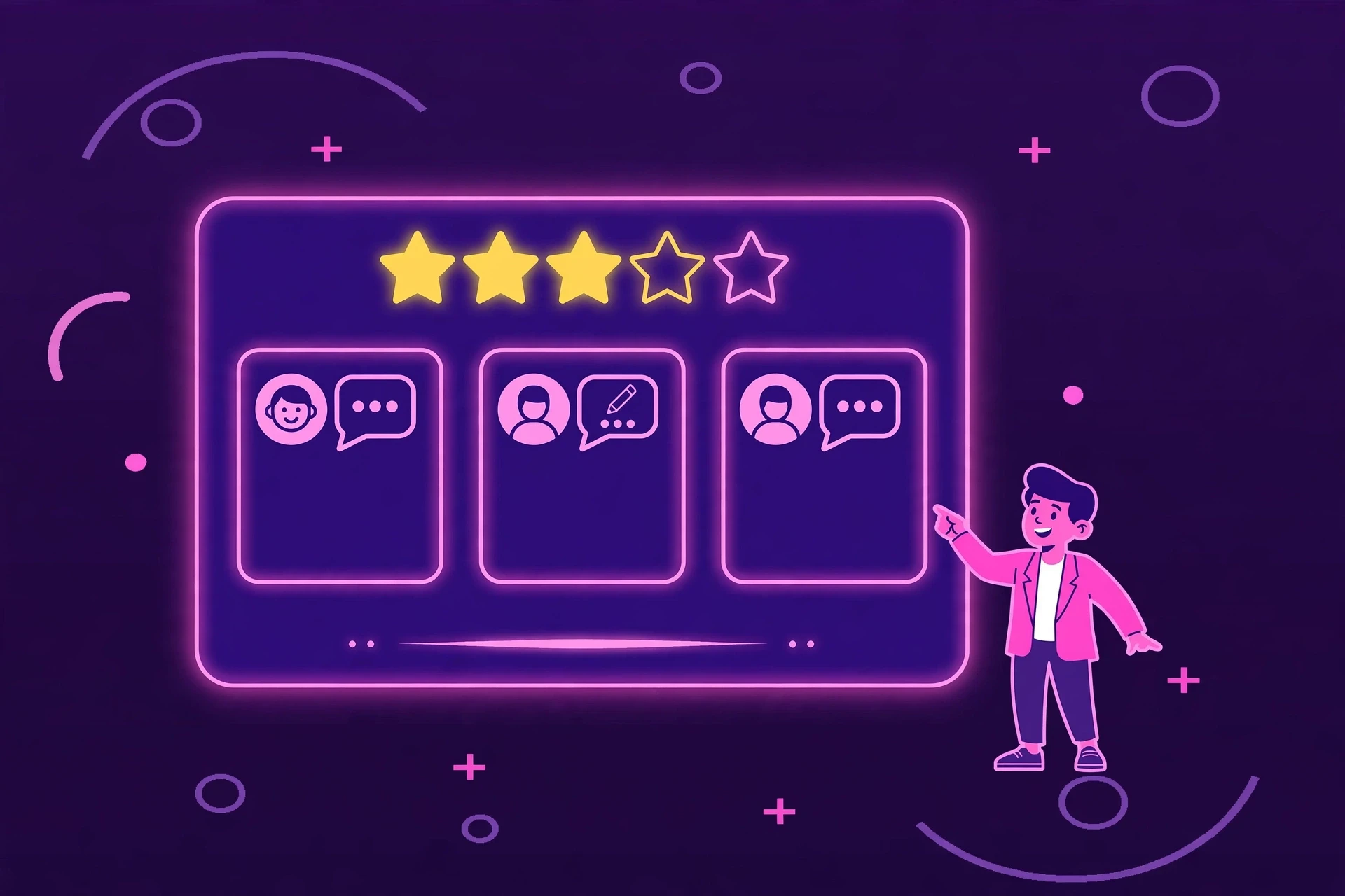 Illustration of customer reviews with star ratings and owner replies on a business profile.