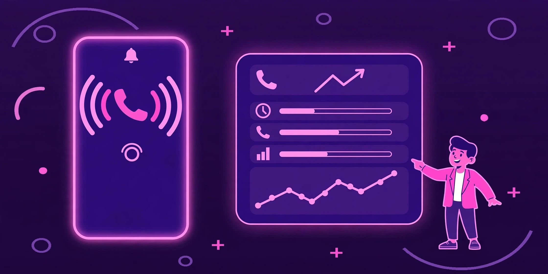 Illustration of a ringing phone next to a call-tracking dashboard for a service business.