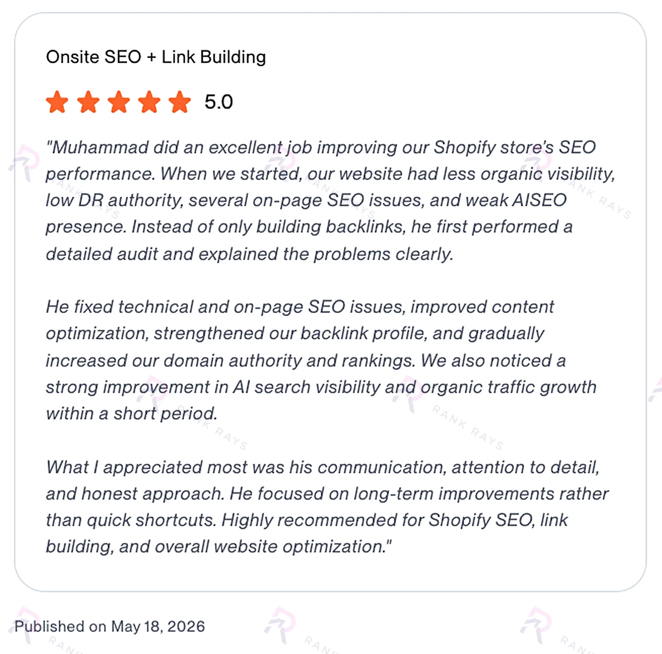 Screenshot of the client's verbatim 5.0 review praising Rank Rays' Shopify SEO audit, technical fixes, and link building for GrowOrganicBaby.com: Rank Rays case study