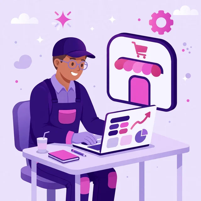 Smiling SEO developer optimizing a BigCommerce storefront on a laptop with Rank Rays