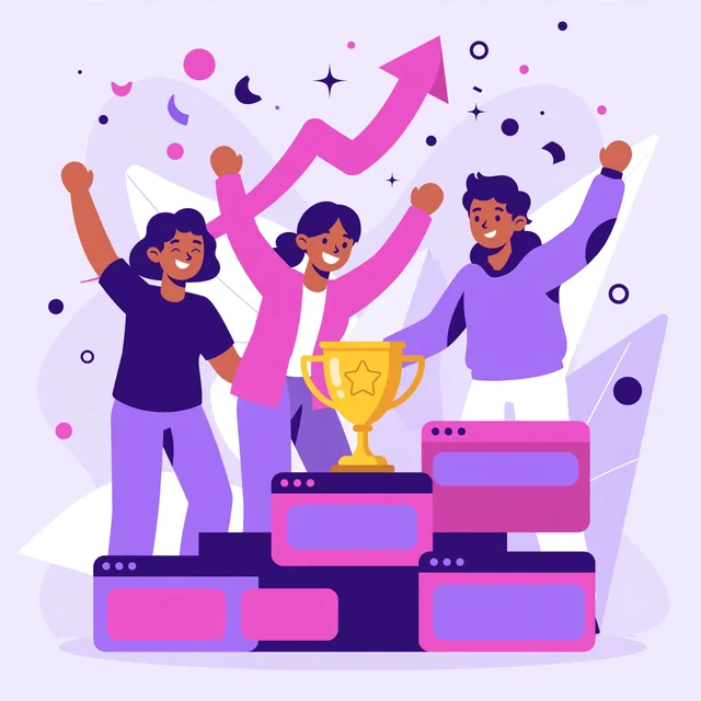 Rank Rays marketers celebrating CMS platform rankings with a trophy over abstract browser-window podium tiles.