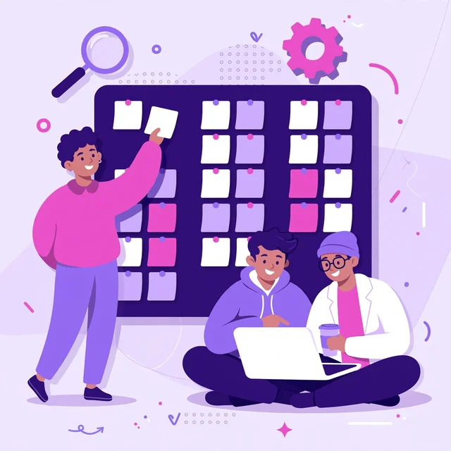 Rank Rays team at a CMS SEO process board placing blank sticky notes in columns.