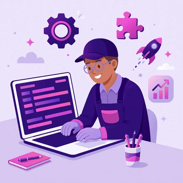 Smiling developer working on custom SEO code with gears, puzzle piece, rocket and upward chart for Rank Rays