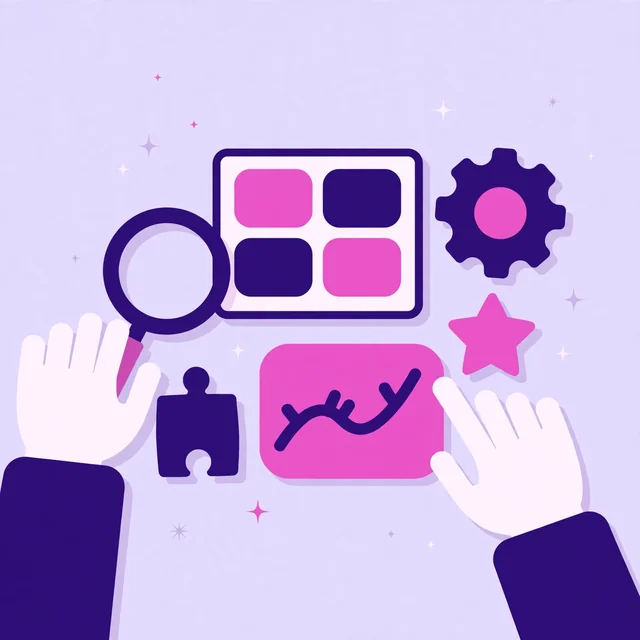 Hands arranging custom SEO toolkit icons including magnifier, gear, puzzle piece and growth chart for Rank Rays