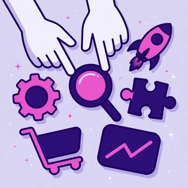 Hands arranging Magento SEO toolkit icons including cart, gear, magnifier and rocket for Rank Rays