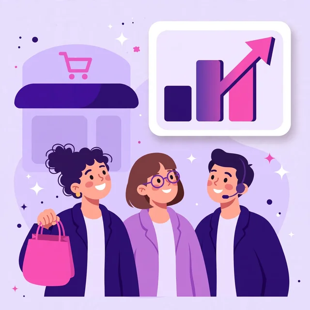 Happy Magento store owner celebrating a rising revenue chart with two Rank Rays SEO specialists