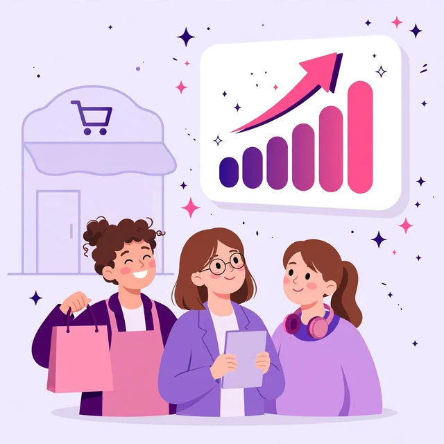 Happy Shopify store owner celebrating a rising growth chart with two Rank Rays SEO specialists