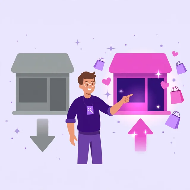 Rank Rays SEO specialist presenting a dull-to-vibrant Shopify store transformation with shopping bags and an upward arrow