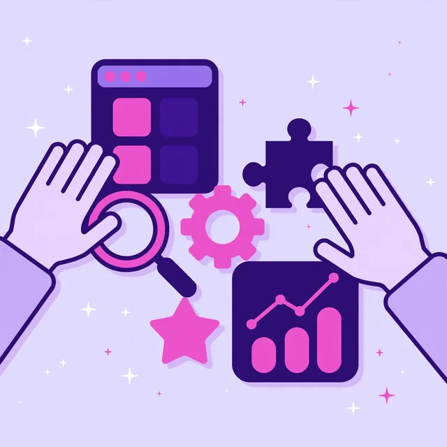 Hands arranging Squarespace SEO toolkit icons including magnifier, gear, puzzle piece and growth chart for Rank Rays