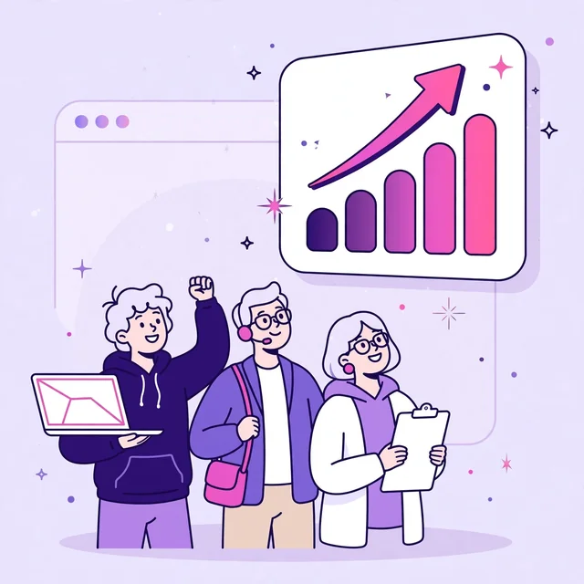 Happy Squarespace website owner celebrating a rising chart with two Rank Rays SEO specialists