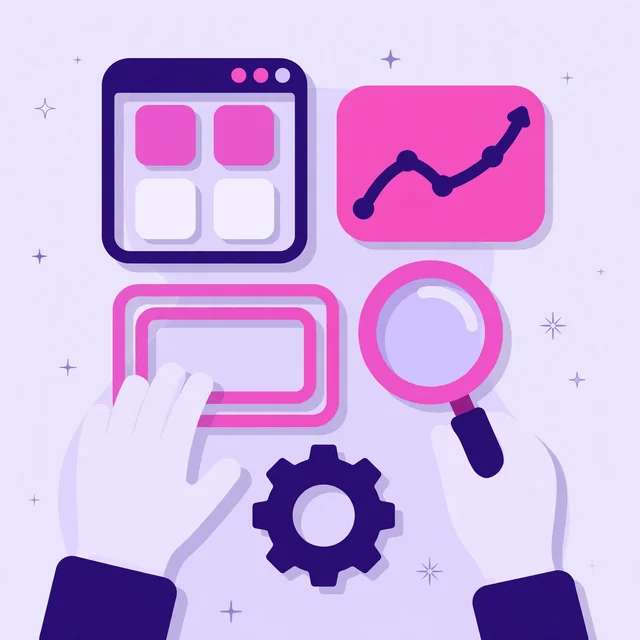 Hands arranging Webflow SEO toolkit icons including layout frames, magnifier and growth chart for Rank Rays