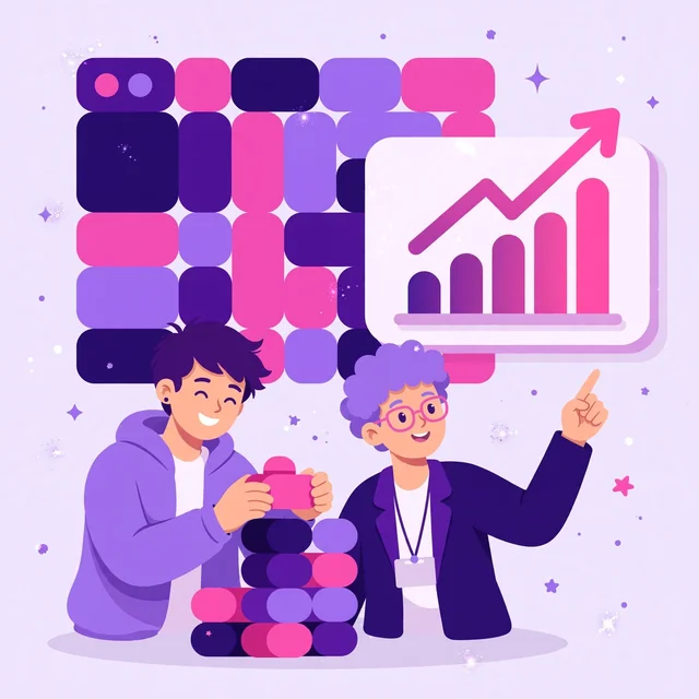 Smiling Wix website owner stacking modular blocks beside a Rank Rays SEO specialist pointing at a rising chart