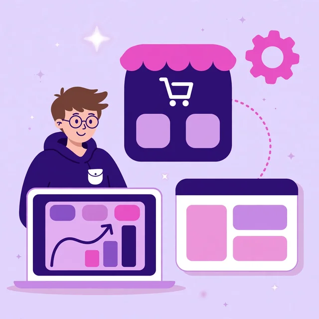 Smiling developer optimizing a WooCommerce store connected to a WordPress website on a laptop with Rank Rays
