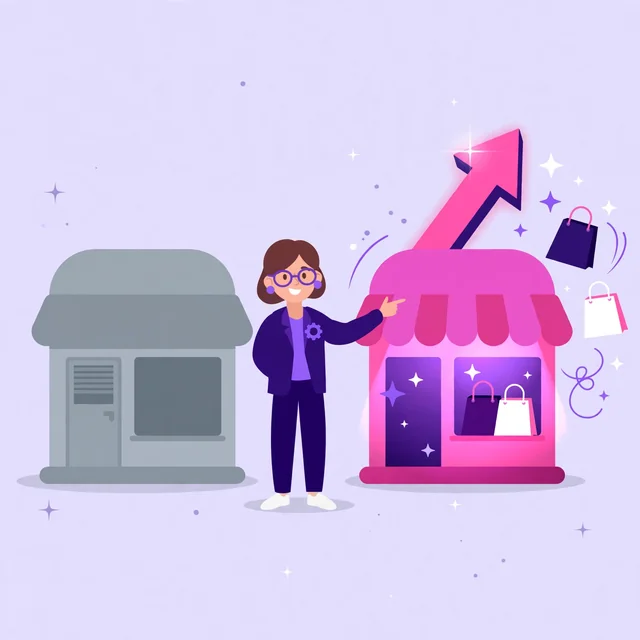 Rank Rays SEO specialist presenting a dull-to-vibrant WooCommerce store transformation with shopping bags and an upward arrow