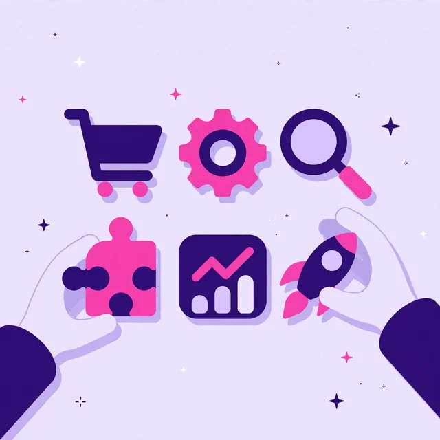Hands arranging WooCommerce SEO toolkit icons including cart, gear, magnifier and rocket for Rank Rays