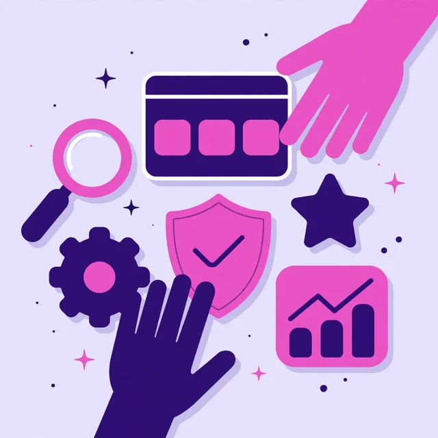 Hands arranging WordPress SEO toolkit icons including magnifier, gear, security shield and growth chart for Rank Rays