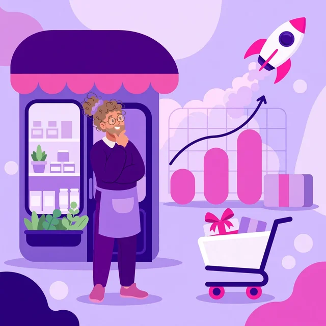 Growing business owner deciding on a free SEO audit, storefront with rising analytics chart, shopping cart, and launching rocket nearby, flat-vector illustration for the Rank Rays free SEO audit page