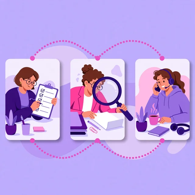 Three-step quote process in action: specialist reviewing a request checklist, auditing a document under a magnifying glass, and a support call with headset, flat-vector illustration for the Rank Rays free SEO audit page