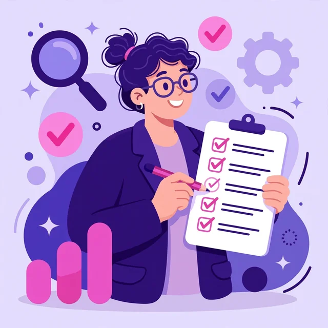 Business owner acting on an SEO audit, checking off an action list with a clipboard of completed checklist and pencil, flat-vector illustration for the Rank Rays free SEO audit page