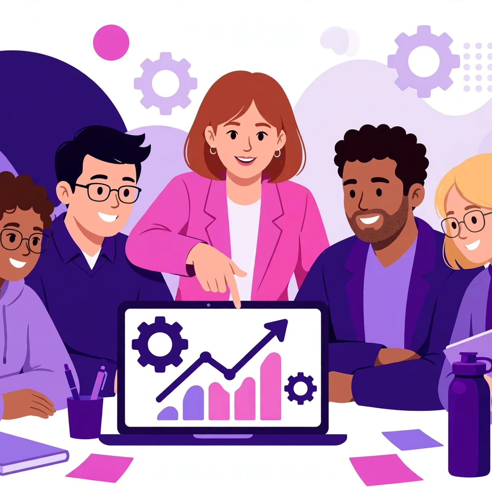 Diverse Rank Rays SEO team collaborating around a laptop showing a rising growth chart and gears, a team leader pointing at the chart, flat-vector illustration