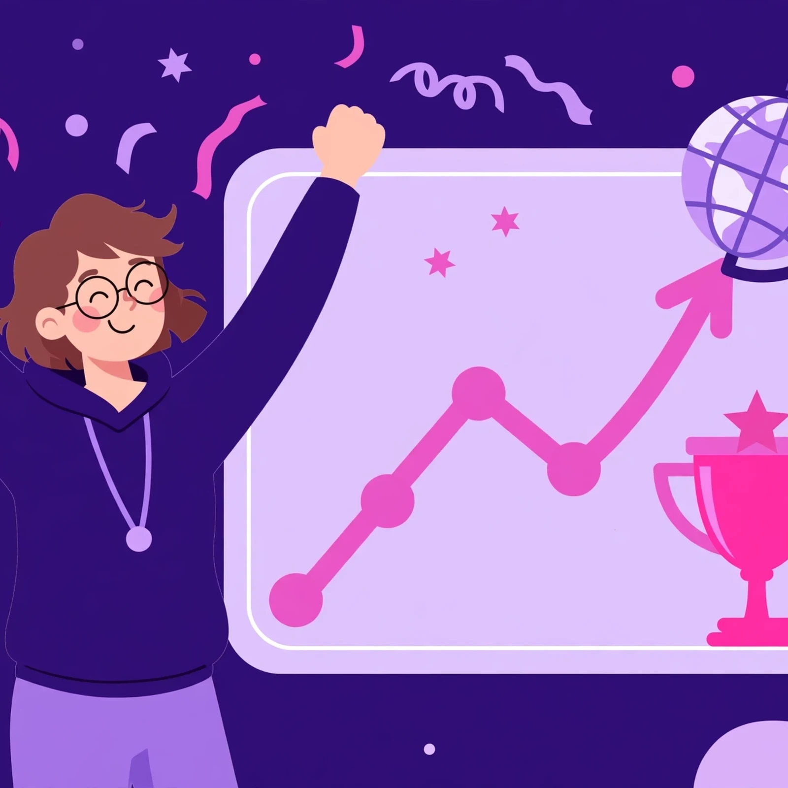 Smiling marketer celebrating beside a big upward-trending growth chart with a globe and trophy, confetti shapes in purple and pink, flat-vector illustration for the Rank Rays homepage