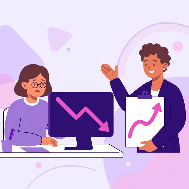 Frustrated marketer looking at a falling SEO chart while a Rank Rays consultant arrives with a growth plan