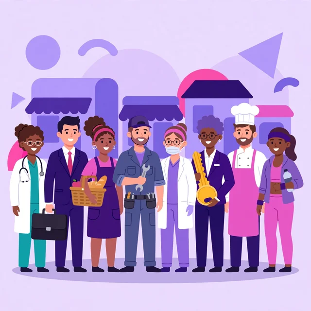 Diverse industry professionals — doctor, lawyer, retailer, mechanic, dentist, real-estate agent, chef and trainer — standing together for Rank Rays industry SEO