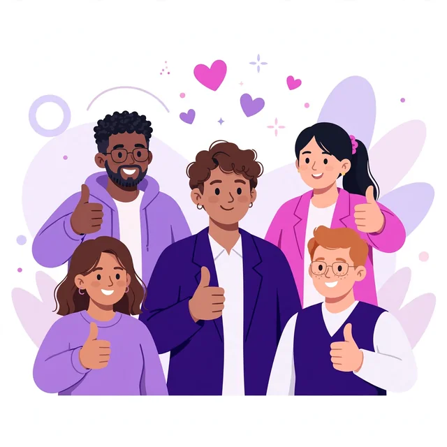 Happy clients giving thumbs-up around a Rank Rays marketer in celebration