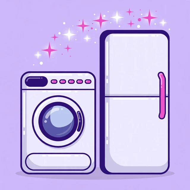 Gleaming washing machine and tall refrigerator side by side with radiant sparkle accents, flat-vector illustration for Rank Rays appliance repair SEO