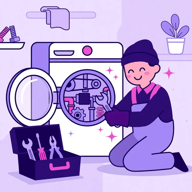 Friendly technician with an open toolbox fixing a washing machine, holding a wrench to its open front panel, flat-vector illustration for Rank Rays appliance repair SEO