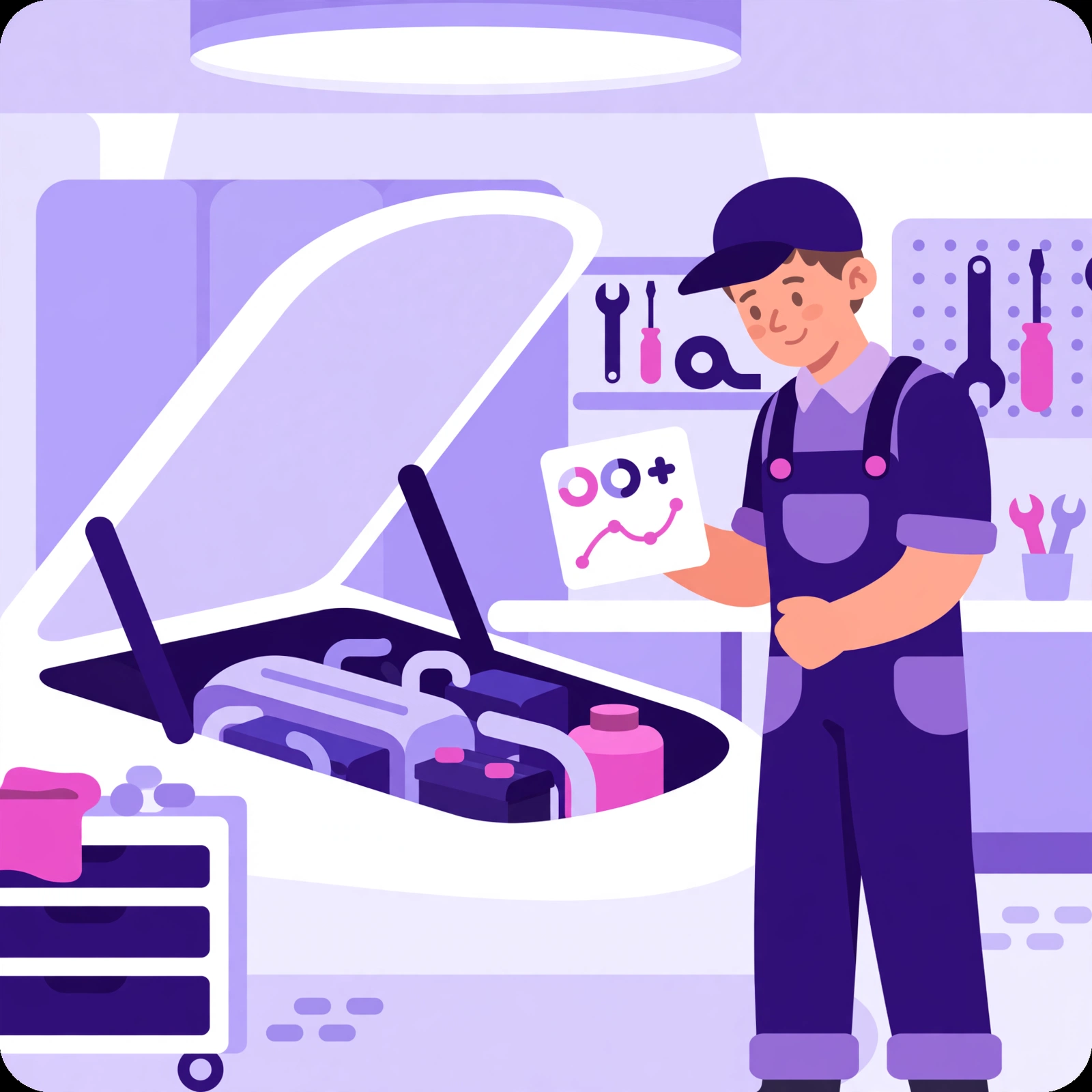 Friendly mechanic inspecting an open car engine bay with a diagnostic tablet in a bright workshop, flat-vector illustration for Rank Rays auto repair SEO