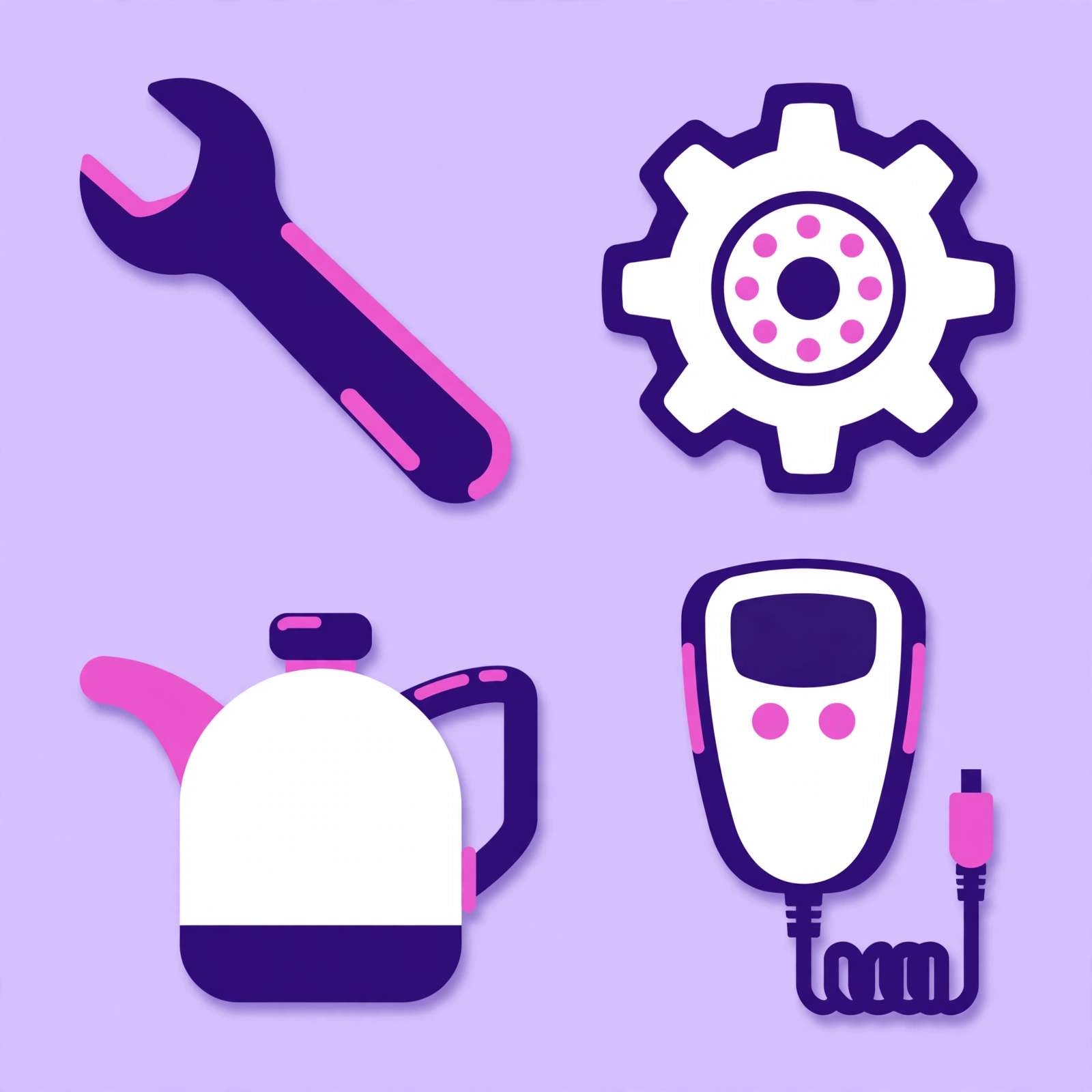 Flat-lay of a wrench, gear, oil can and car diagnostic device in purple and pink on lavender, flat-vector illustration for Rank Rays auto repair SEO