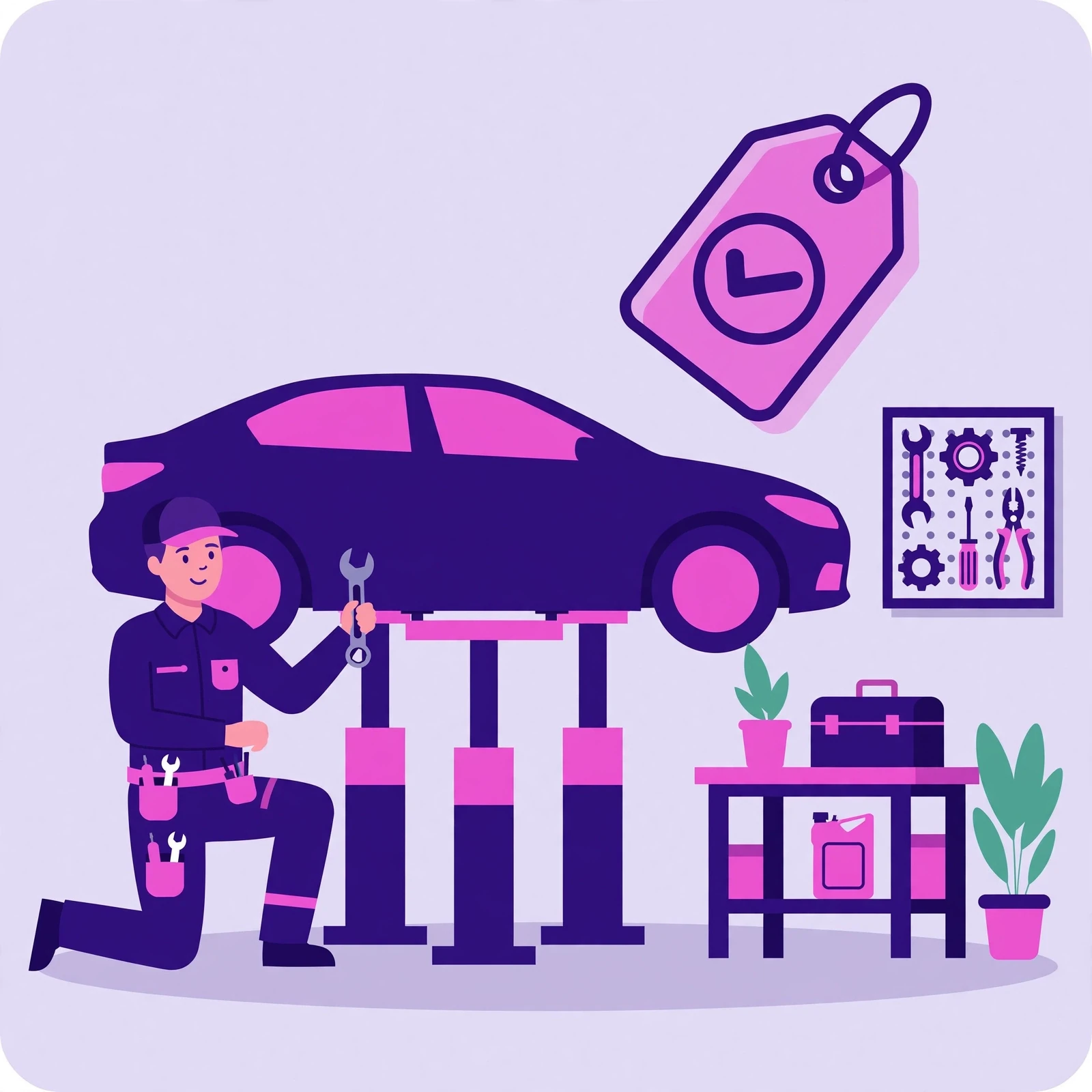 Flat-vector illustration for the "Why auto repair shops choose Rank Rays" section: a car lift and mechanic's wrench, in purple and pink
