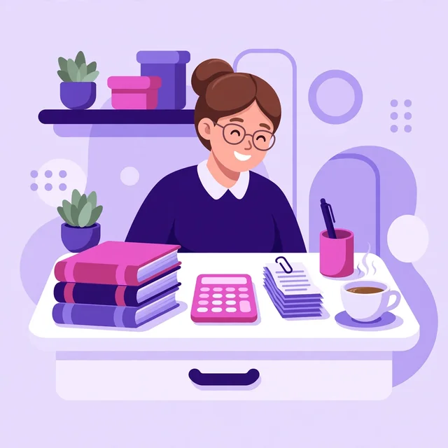 Smiling bookkeeper at her desk with ledgers, a calculator, receipts and coffee — tidy books for small businesses, by Rank Rays.