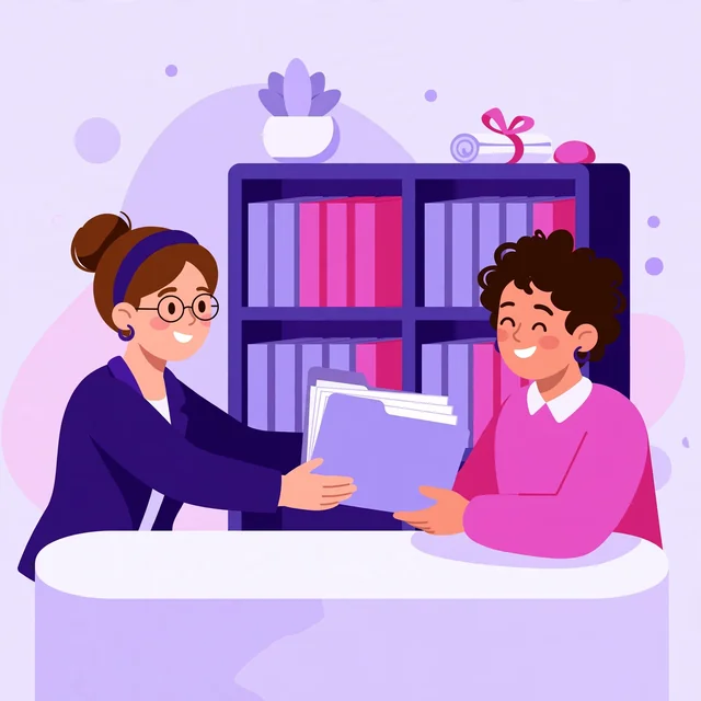 Bookkeeper handing an organized file folder to a happy client — stress-free bookkeeping, by Rank Rays.