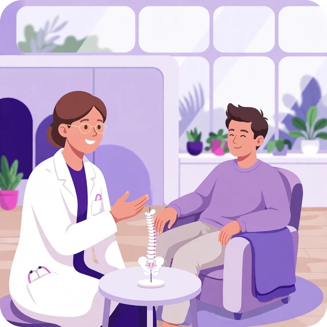 Chiropractor in a white coat consulting a relaxed patient with a spine model in a modern clinic, Rank Rays-style illustration