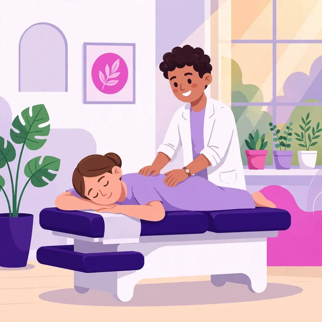 Patient receiving a gentle chiropractic adjustment on an adjustment table, calm clinic illustration in Rank Rays purple and pink