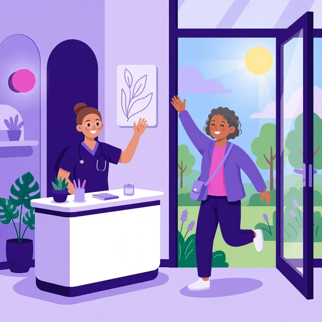 Smiling pain-free patient walking out of a chiropractic clinic waving goodbye, Rank Rays brand illustration