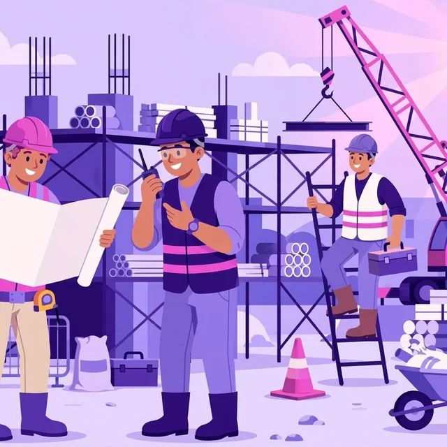 Construction crew at work on a building site with hard hats and safety vests, one holding blueprints, crane and scaffolding behind, flat-vector illustration for Rank Rays construction SEO
