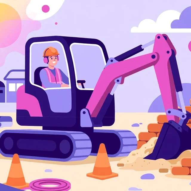 Friendly excavator operator at a construction site with safety cones and a half-built brick wall, flat-vector illustration for Rank Rays construction SEO