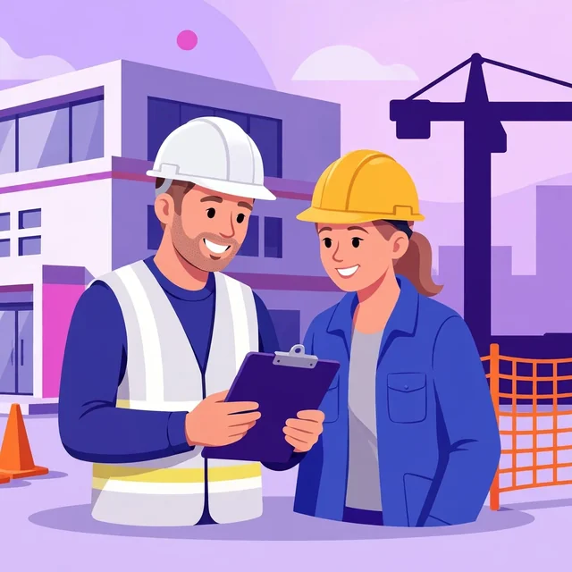 Smiling construction foreman in a hard hat reviewing a clipboard with a worker in front of a newly completed modern building, safety fence and cones nearby, flat-vector illustration for Rank Rays construction SEO