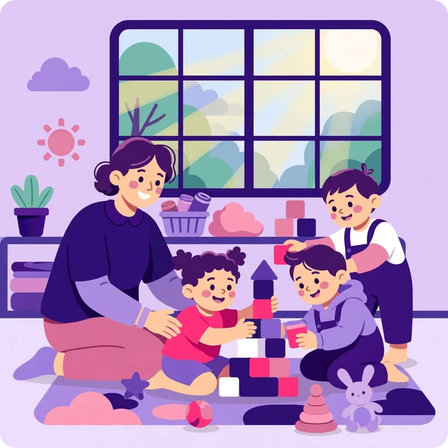 Smiling caregiver playing with happy children stacking blocks in a bright daycare playroom, Rank Rays purple and pink illustration